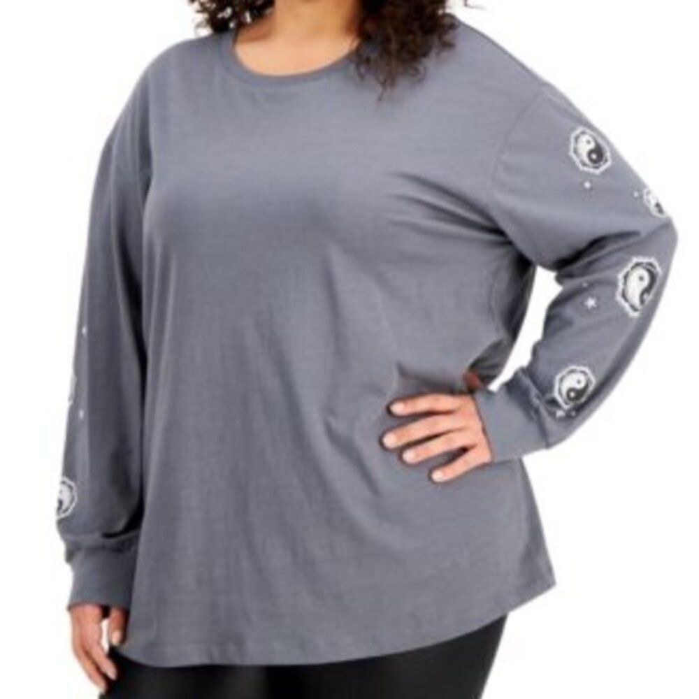 Yin Yang Cotton Top 2X NWT Plus Size Gray Graphic Print Long Sleeve NWT